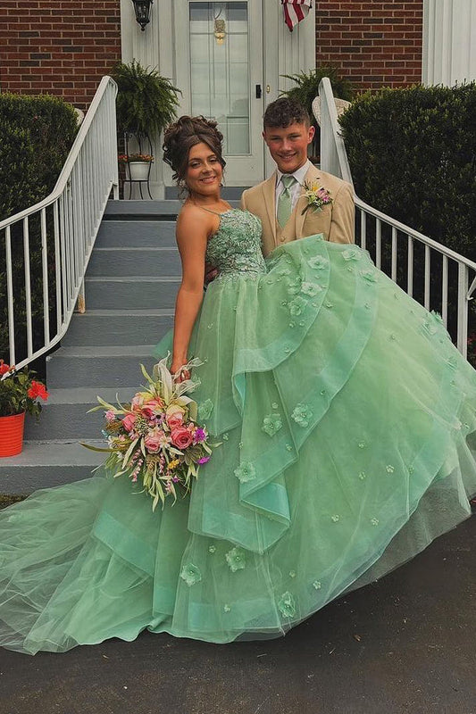 Elysia | Fairy A-Line Sweetheart Sage Green Tulle Long Prom Dress with Appliques