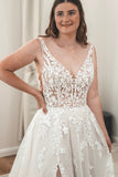 Fairy A Line V Neck White Tulle Bridal Dresses with Appliques