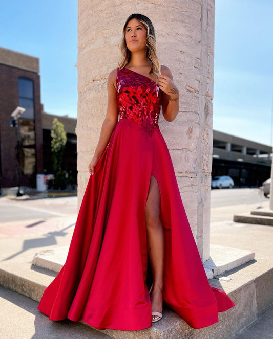 Magnolia | One-Shoulder A-Line Sequins Long Prom Dress with Slit