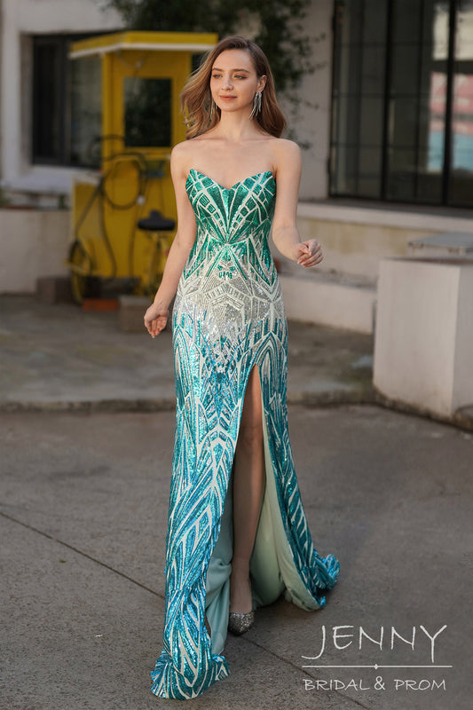 Celeste | Romantic Green  Mermaid Sequins Strapless Sweetheart Neck Prom Dress with Slit JB121302