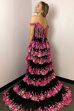 Lila | Cute A-Line Off-the-Shoulder Pink and Black Sequins Lace Tiered Prom Dress