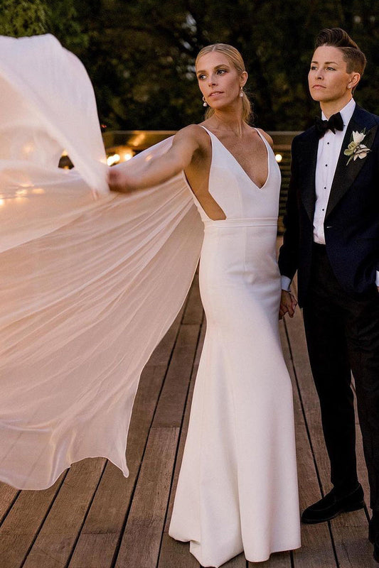 Charming Mermaid V-Neck Elastic Satin Long Wedding Dress with Chiffon