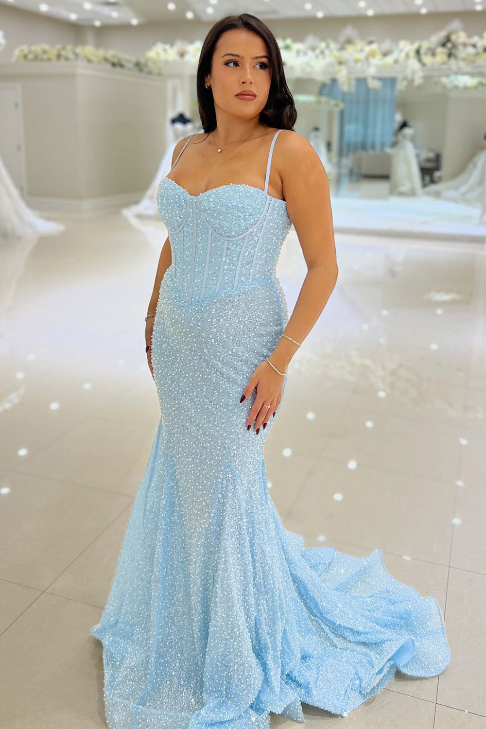 Lovely Mermaid Sweetheart Sky Blue Sequin Long Prom Dress