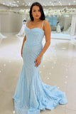 Lovely Mermaid Sweetheart Sky Blue Sequin Long Prom Dress