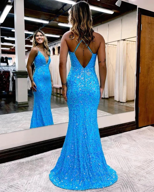 Charming Mermaid V Neck Blue Sequins Long Prom Dress with Appliques