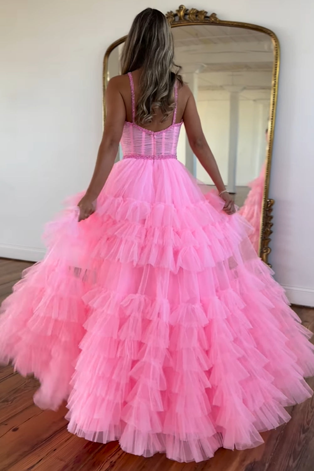 A-line Tiered Ruffle Sweetheart Beaded Long Prom Dress