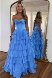 Dreamy A-Line Sweetheart Blue Tiered Princess Long Prom Dress