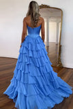 Dreamy A-Line Sweetheart Blue Tiered Princess Long Prom Dress