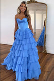 Dreamy A-Line Sweetheart Blue Tiered Princess Long Prom Dress