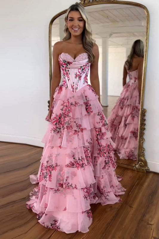 Lovely A-Line Strapless Blush Floral Print Tiered Tulle Prom Dress