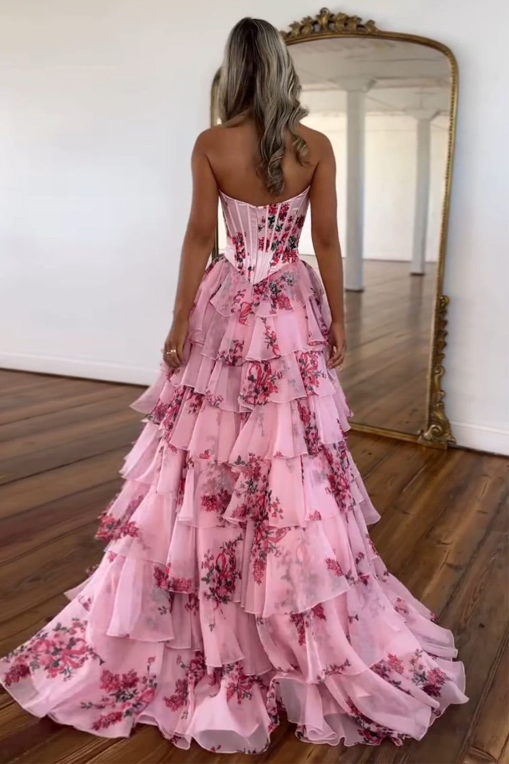 Lovely A-Line Strapless Blush Floral Print Tiered Tulle Prom Dress