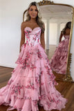 Lovely A-Line Strapless Blush Floral Print Tiered Tulle Prom Dress