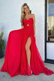 Elegant A-Line Sweetheart Red Chiffon Long Prom Dress with Slit