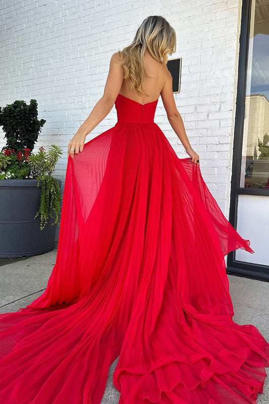 Elegant A-Line Sweetheart Red Chiffon Long Prom Dress with Slit