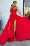 Elegant A-Line Sweetheart Red Chiffon Long Prom Dress with Slit