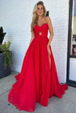 Elegant A-Line Sweetheart Red Chiffon Long Prom Dress with Slit