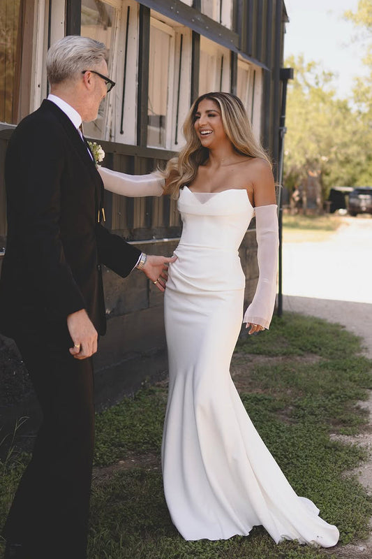 Vivienne | Chic Mermaid Sweetheart Elastic Satin Long Wedding Dress with Long Sleeves