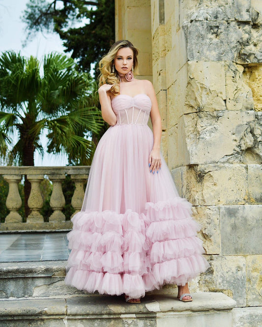 Sutton | Strapless A-Line Corset Tulle Prom Dress with Ruffles