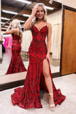 Seraphina | Red Spaghetti Strap Lace Sequined Mermaid Prom Dress with Slit