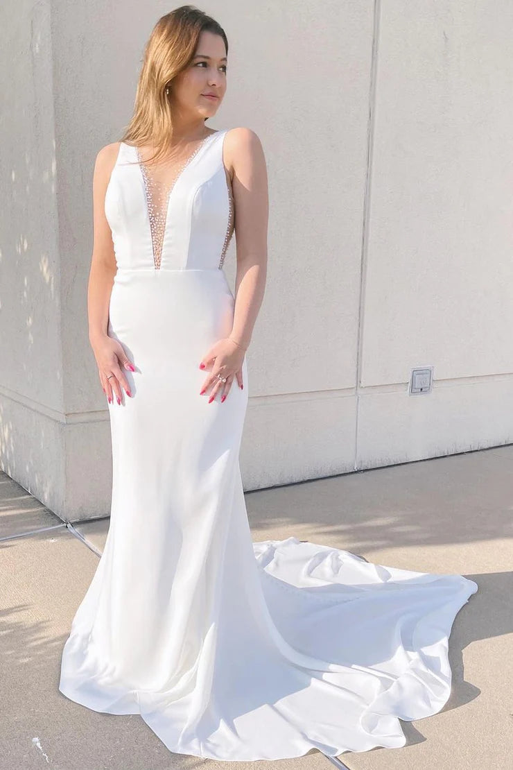 Elegant Mermaid Deep V Neck White Satin Bridal Dresses with Beading