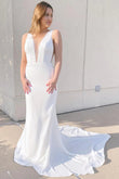 Elegant Mermaid Deep V Neck White Satin Bridal Dresses with Beading