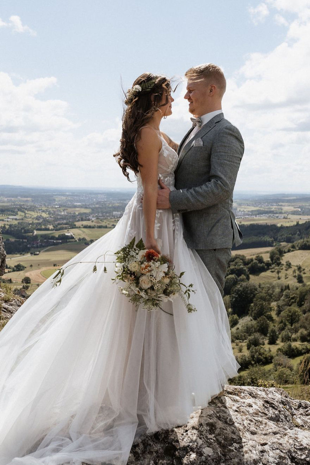 Elysia | Fairy A-Line V-Neck Tulle Long Wedding Dress with Appliques