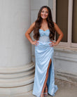 Cute Mermaid V Neck Light Blue Beaded Ruched Long Prom Dress with Slit