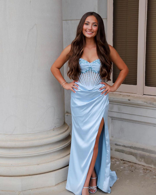 Cute Mermaid V Neck Light Blue Beaded Ruched Long Prom Dress with Slit