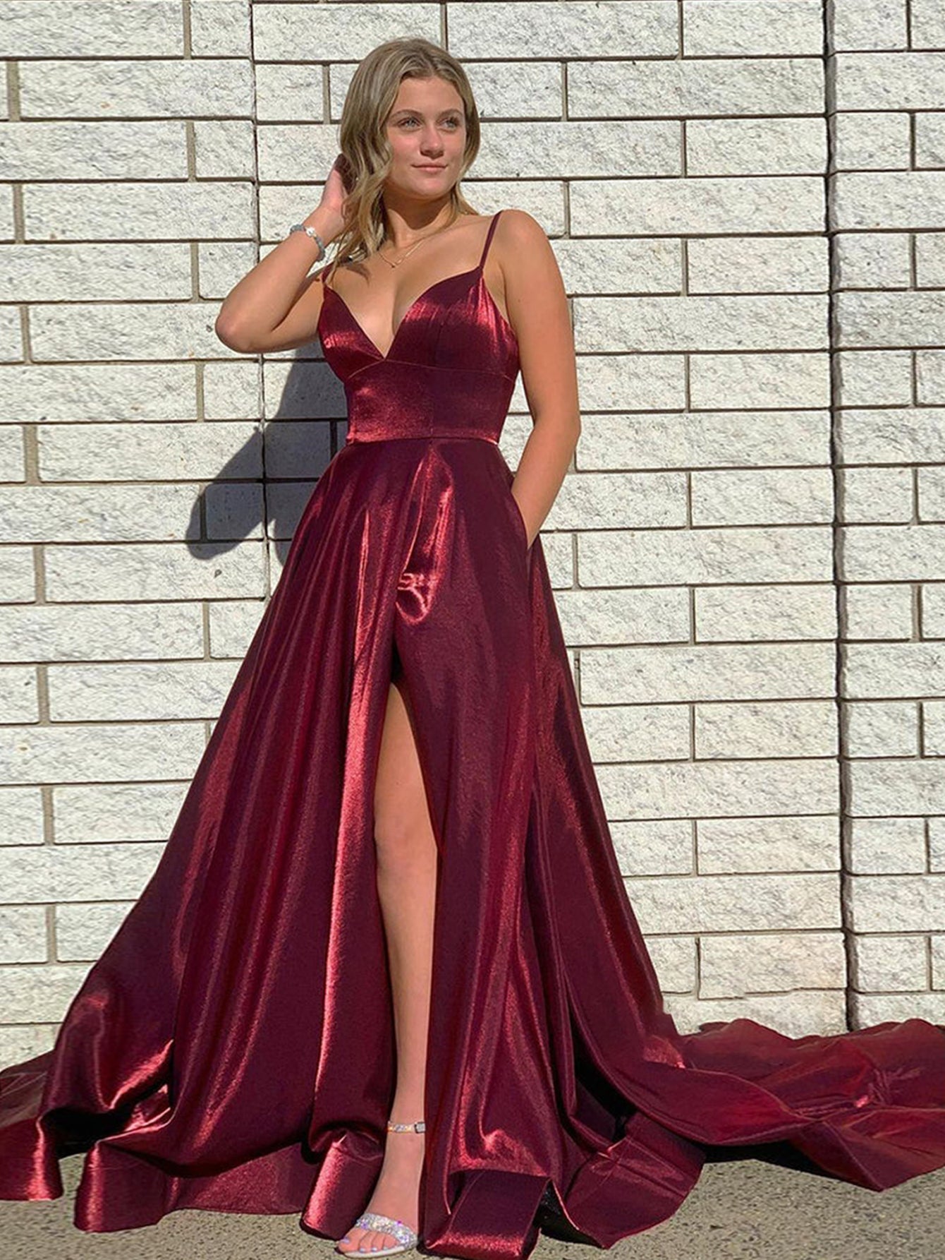 Dark Red Satin A-Line Fitted Long Prom Dress with Slit