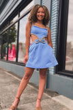 Charming A-Line Scoop Neck Blue Satin Short Homecoming Dress with Beading