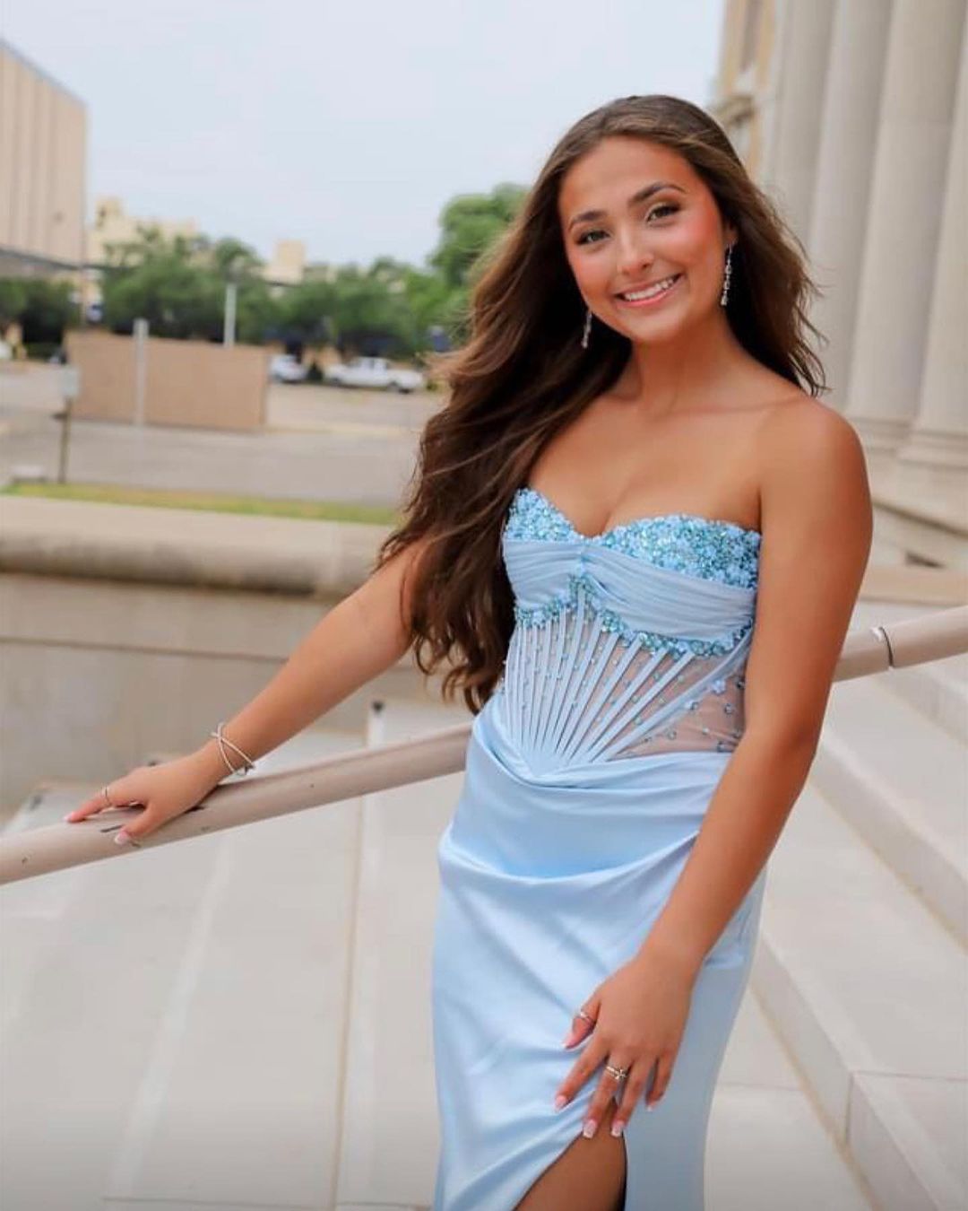 Cute Mermaid V Neck Light Blue Beaded Ruched Long Prom Dress with Slit