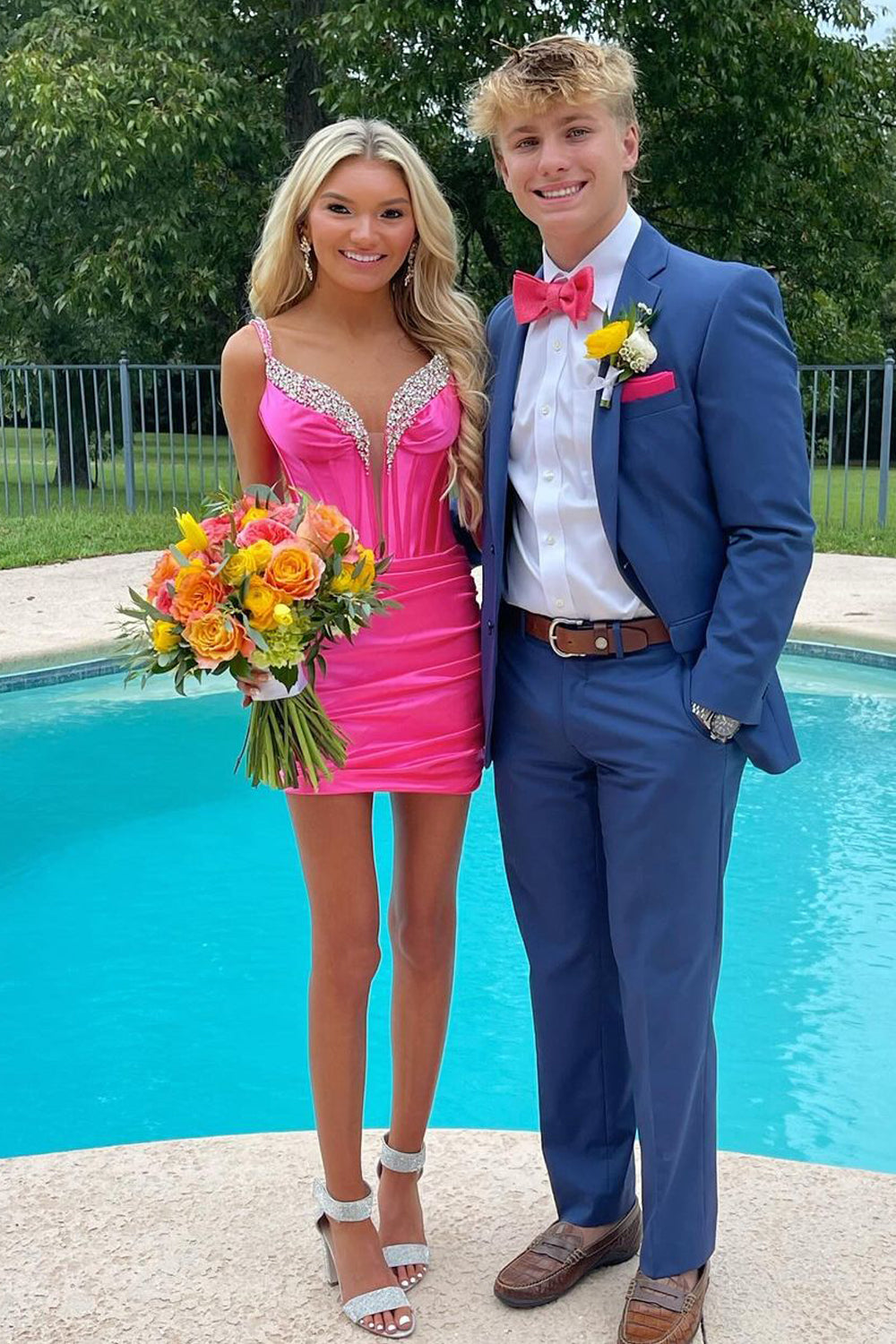 Aubrey | Cute Bodycon V-Neck Hot Pink Satin Short Homecoming Dress with Beading