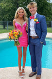 Aubrey | Cute Bodycon V-Neck Hot Pink Satin Short Homecoming Dress with Beading