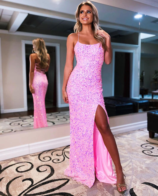 Valerie | Spagherri Straps Mermaid Satin  Prom Dress with Slit and Sparkly Sequins JB110524