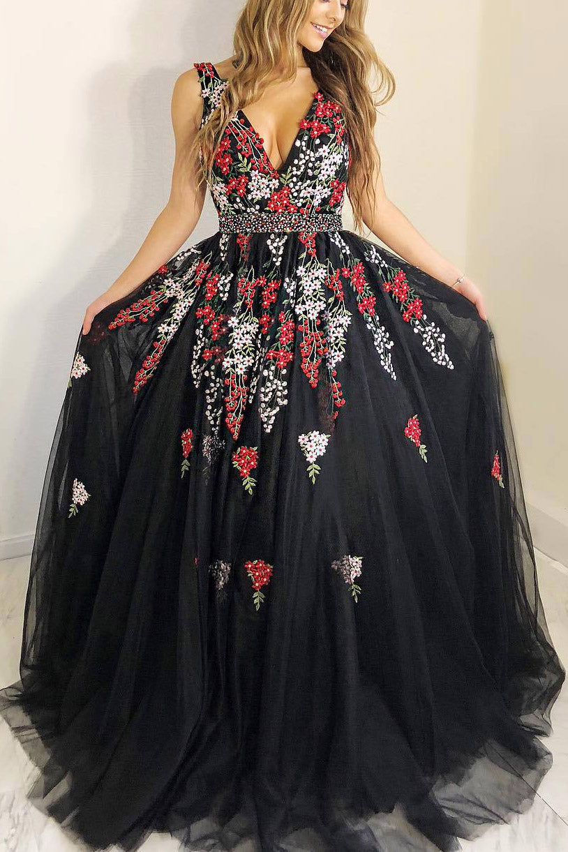 Susie | Black A-Line Princess Prom Dress with Embroidery