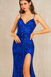 Gianna | Sapphire Blue Mermaid Sequins Spaghetti Straps Illusion Bodycon Prom Dress with Slit JB113006