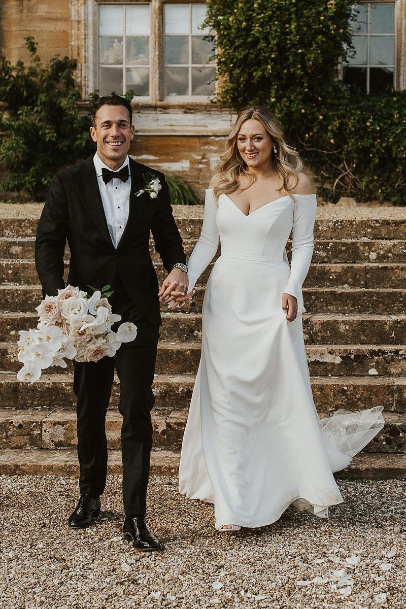Simple A-Line Off-the-Shoulder Long Sleeve White Satin Wedding Dress