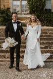 Simple A-Line Off-the-Shoulder Long Sleeve White Satin Wedding Dress