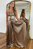 Lydia | Fairy A-Line Sweetheart Brown Pleated Satin Long Prom Dress with Slit