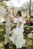Fairy A Line V Scoop Satin Long Wedding Dresses with Ruffled Sleeves