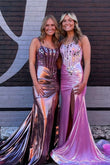 Sparkly Mermaid Scoop Neck Pink Satin Long Prom Dresses with Beading AB24111809