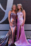 Sparkly Mermaid Scoop Neck Pink Satin Long Prom Dresses with Beading AB24111809