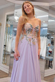 A-Line Lilac Strapless Tulle Long Prom Dresses with Appliques