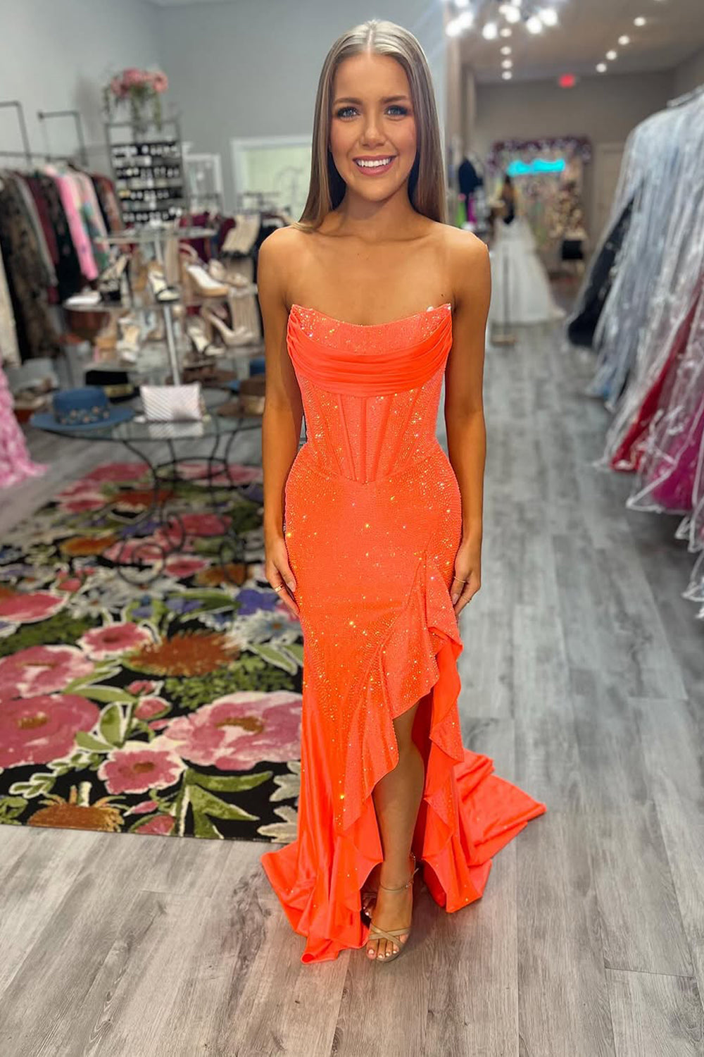 Vibrant Elegance | Cute Sheath Strapless Orange Ruffled Satin Prom Dress with Beading