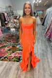 Vibrant Elegance | Cute Sheath Strapless Orange Ruffled Satin Prom Dress with Beading