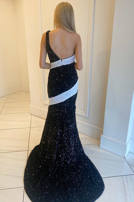 Black and White Sequin One-Shoulder Mermaid Long Prom Gown