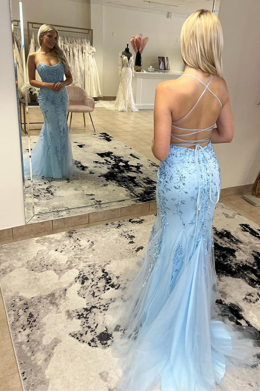 Harley | Mermaid Scoop Neck Appliqued Prom Dress with Lace-Up Back