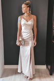 Ava | Beige V-Neck Ruched Long Bridesmaid Dress with Slit