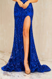 Gianna | Sapphire Blue Mermaid Sequins Spaghetti Straps Illusion Bodycon Prom Dress with Slit JB113006