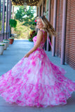 Cute A Line Sweetheart Pink Printed Chiffon Long Prom Dresses